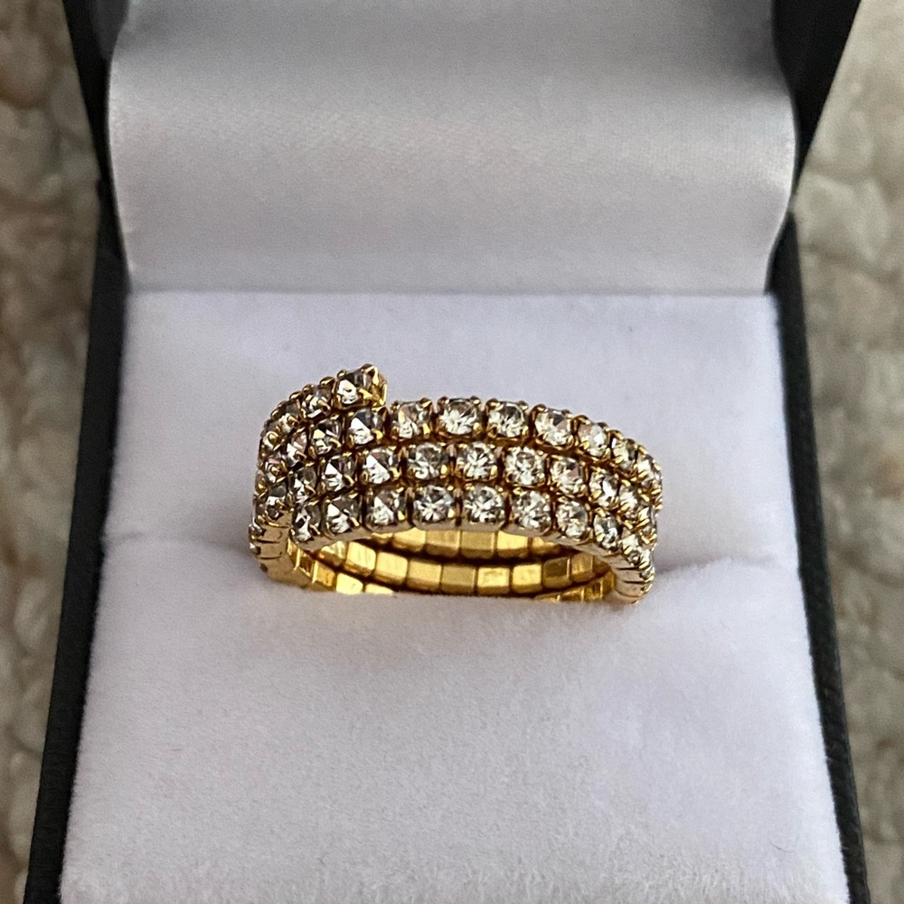 Three Rows Rhinestone Crystal Tennis Stretch Band Ring - Picture 5 of 12